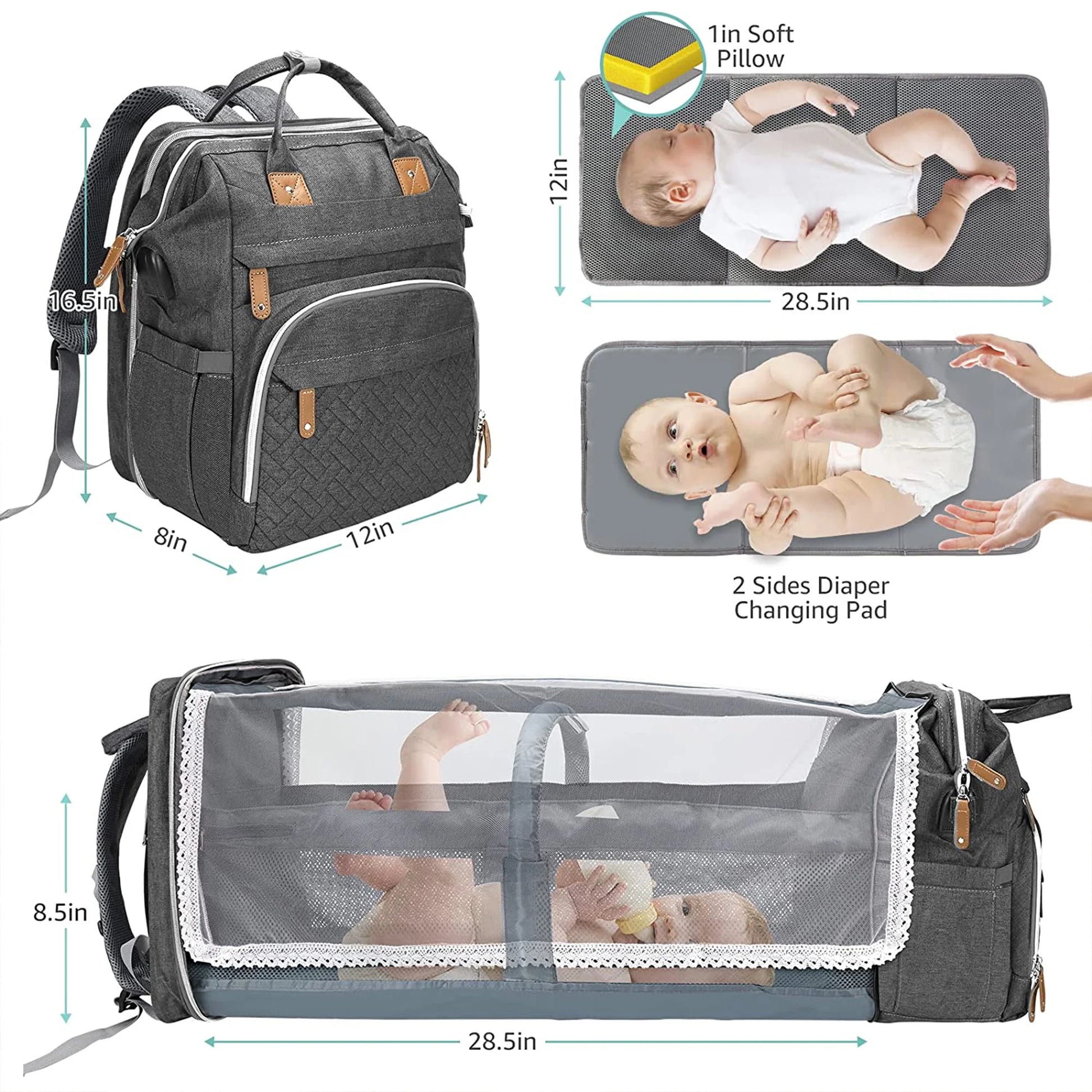 Baby Diaper Bag Backpack with Changing Station, Multifunctional Waterproof Portable Baby Bag for Travel, Dark Grey