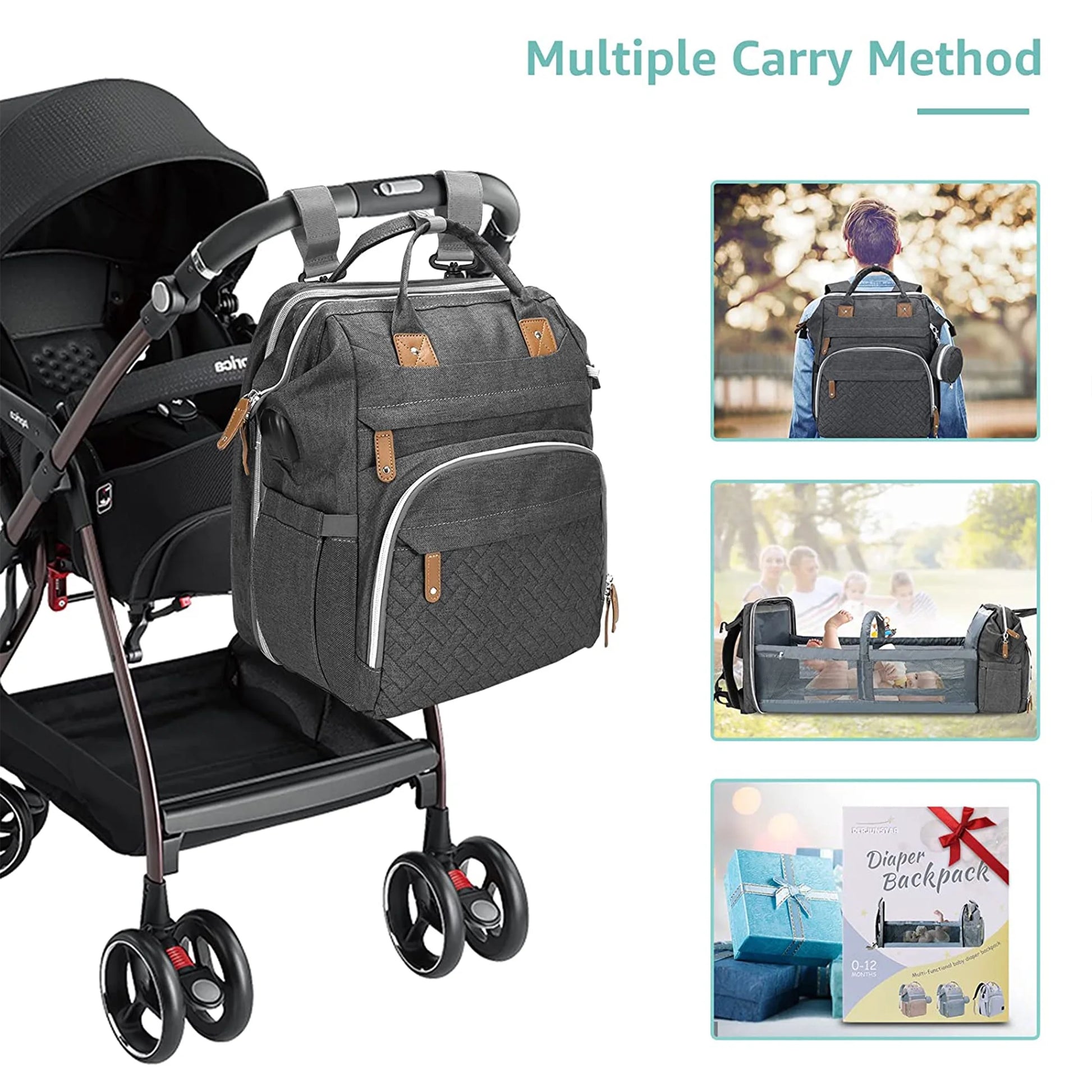 Baby Diaper Bag Backpack with Changing Station, Multifunctional Waterproof Portable Baby Bag for Travel, Dark Grey